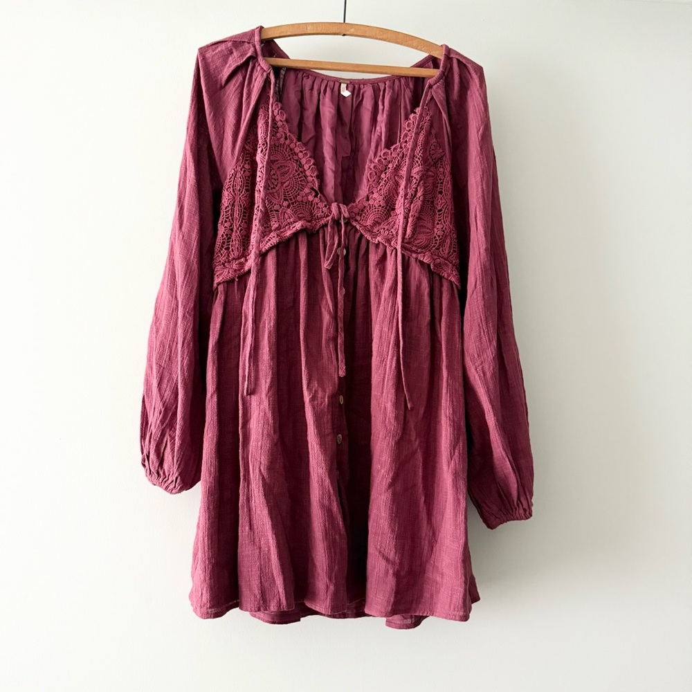 Free People Summer‎ Struttin Dress M Crochet Wine Cotton - Picture 4 of 7